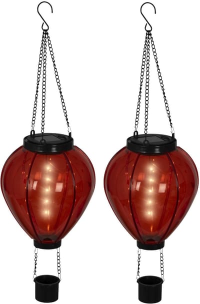 Lumineo solar luchtballon lantaarn - 2x - rood - H26 x D14 cm - kunststof - vlam effect - tuinverlichting