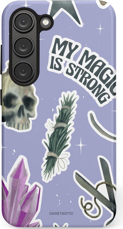 Casetastic hoesje geschikt voor Samsung Galaxy S23 - Dubbellaagse bescherming - Lila Paarse Hekserij Strong Magic Sterren Collage - Fashion Case - Lila Lichtgrijs Wit