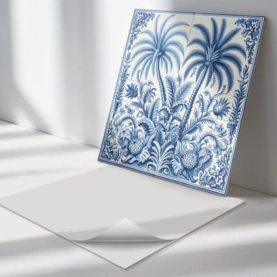 Wallfluent Vinyl Tegels - Tropisch Plantenpatroon Zelfklevende Vinyltegels - 30 cm x 30 cm - Blauw Vinyl Tegels - Set van 9 - Vierkant PVC Tegels - Bloemen en Planten Plaktegels - Vloer Tegels PVC - Plaktegels Keuken en Badkamer