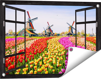 Gards Tuinposter Doorkijk Kleurrijke Tulpen Bloemenveld - Windmolen - 60x40 cm - Tuindoek - Tuindecoratie - Wanddecoratie buiten - Tuinschilderij