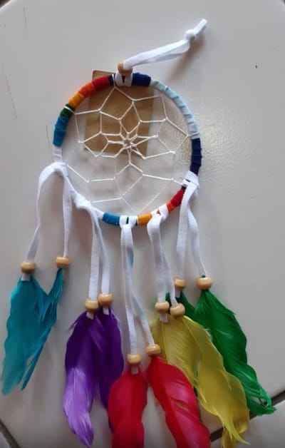 Dromenvanger wit nepleer regenboog ±9cm zonder kleintjes kleuren veer