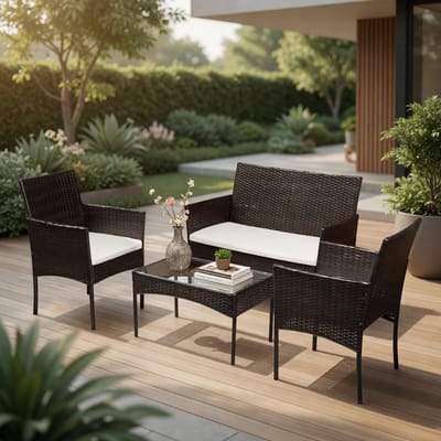 a Luxe Polyrattan Loungeset 4-Delig – Tuin & Balkon Set met Sofa, 2 Fauteuils & Glazen Tafel + Kussens – Weerbestendig Outdoor Meubilair – Bruin Mobili Bella