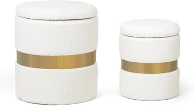 Set van 2 Ronde Ottomaanse opslag - Gestoffeerde Voetenbank en Bijzettafel voor Woonkamer en Slaapkamer - Wit