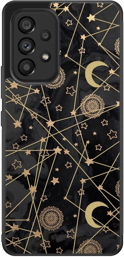 Leuke Telefoonhoesjes - Hoesje geschikt voor Samsung Galaxy A53 - Sterren, zon, maan - Backcover zwart - Sterren - Zwart, Goud
