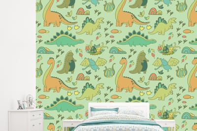 Behang - Fotobehang Patronen - Dino - Groen - Jongetje - Kind - Kinderen - Kids - Breedte 245 cm x hoogte 220 cm