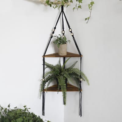 Boho Hangende Hoekplank – 2-Laags Houten Wandrek met Gevlochten Katoenen Touw – Plantenrek voor Hoekdecoratie – Zwart