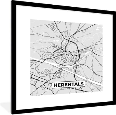 Fotolijst incl. Poster Zwart Wit- België – Herentals – Stadskaart – Kaart – Zwart Wit – Plattegrond - 40x40 cm - Posterlijst