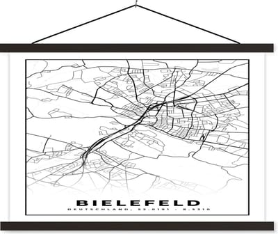 Posterhanger incl. Poster 60x40 cm - Schoolplaat - Plattegrond - Bielefeld - Kaart - Stadskaart - Textielposter - Zwarte latten - Stadskaart