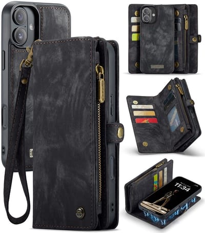 CaseMe Hoesje - Geschikt voor iPhone 16 Hoesje - CaseMe 008 2-in-1 Book Case & Back Cover met Portemonnee - Zwart