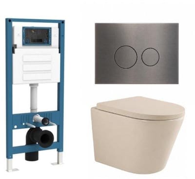 QeramiQ Dely Toiletset - inbouwreservoir Qeramiq Flush - 35mm zitting - metaal gunmetal bedieningsplaat - ronde knoppen - beige