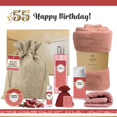 Geschenkset “55 Jaar Happy Birthday!” - 8 producten - 1210 gram - Triomf Cosmetica | Cadeau Verjaardag Luxe wellness cadeaubox Giftset Speciaal voor Haar Gefeliciteerd Verjaardag Cadeaupakket Gift Set Party Verjaardagscadeau Goud Rood
