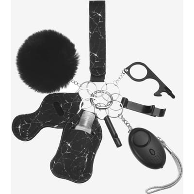 9-delige Roze Persoonlijke Kit & Accessoires Set Inclusief Alarm Sleutelhanger Tashanger Pluizenbol Sleutelhanger Polsband Sleutelhanger Tas Accessoires zwart