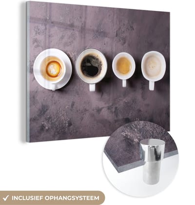 MuchoWow® Glasschilderij 120x90 cm - Schilderij acrylglas - Koffie - Keuken - Industrieel - Foto op glas - Schilderijen