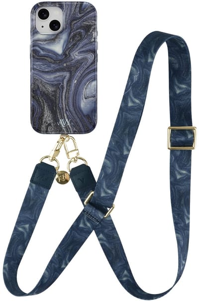 AVY Hoesje Met Telefoonkoord | Geschikt voor Apple iPhone 15 | Compatibel met MagSafe | Hard Shell Back Cover | Stijlvol Bijpassend Koord 130CM | Obscura Blue | Blauw