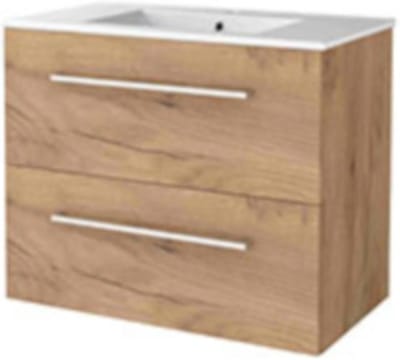 Basic-Line Start 46 Badkamermeubelset - 80 x 46 cm - Met Grepen - 2 Lades - Keramische Wastafel - 1 Kraangat - Whisky Oak