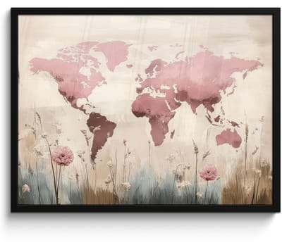 Poster in lijst - Fotolijst 80x60 cm - Posters - Wereldkaart - Roze - Bloemen - Posterlijst zwart - Decoratie - Wanddecoratie woonkamer - Muurdecoratie slaapkamer