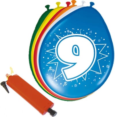Folat - Verjaardag ballonnen pakket 9 jaar - 32x stuks met ballonpomp