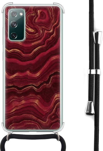 Hoesje met koord - Geschikt voor Samsung Galaxy S20 FE - Marmer rood agate - Verstelbaar zwart koord - Crossbody - Marmer - Transparant - Leuke Telefoonhoesjes