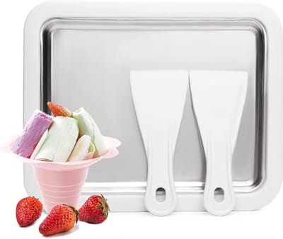 NAXSIR Ijsrolletjes Maker Set - Roestvrijstalen Schotel met Antislip Rand + 2 Spatels - Perfect voor Ijswerk, Frozen Yoghurt & Desserts