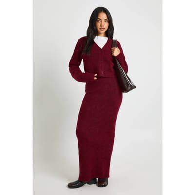 boohoo Dames Getextureerde gebreide boxy oversized trui, gebreide maxi-rok en gebreide tas 3-delige set | Burgundy | Maat: Small