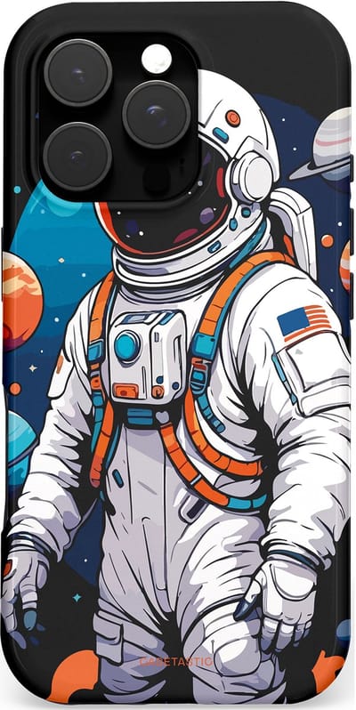 Casetastic hoesje geschikt voor Apple iPhone 16 Pro - MagSafe - Dubbellaagse bescherming - Astronaut in space - Fashion Case - Zwart Grijs Donkerblauw