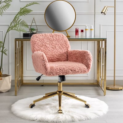 Make-up stoel - Roze bureaustoel - Kaptafel stoel-Pluizige bureaustoel – Zacht –Verstelbaar – Draaibaar - Gouden poten - Slaapkamer - 61x60x90cm- 1 stuk-Roze