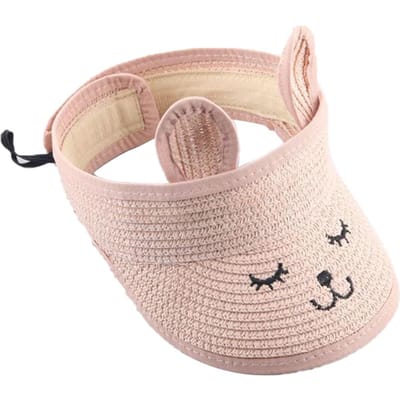 Chapeau de Paille Été Mignon Enfants Chat Haut Vide Visière Solaire Visère Solaire Décontractée Protection Solaire Chapeau de Soleil de Plage rose
