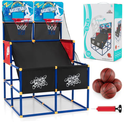 COSTWAY Arcade Basketbal-speelset, basketbalstandaard met 2 manden, 4 ballen en pomp, mini-basketbalkorf, outdoor, indoor, basketbalspel, 2 spelers, basketbalhoepel voor kinderen en volwassenen, 140