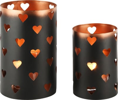 Dekoratief | Set 2 Waxinelichthouders 'Hearts', zwart/koper, metaal, 13x13x20cm | A248263