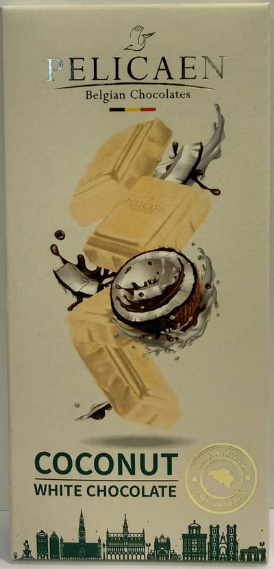 Pelicaen Belgian Chocolates - Chocoladereep - Witte Chocolade + Kokosnoot - 100g x 12