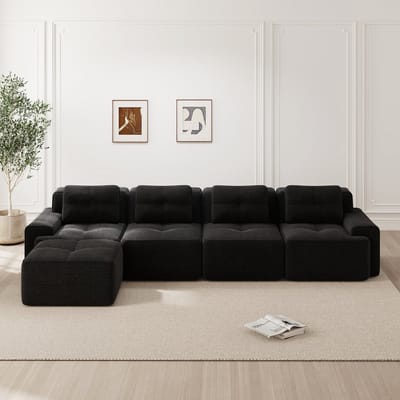 Modulaire vierzitsbank van corduroy - L-vormige hoekbank met slaapfunctie en voetenbank - geen montage nodig - corduroy stof - 382 x 177 x 69 cm - combineerbare loungebank voor de woonkamer - zwart