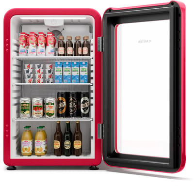Klarstein Drankkoeler Audrey Evo drankkoelkast met glazen deur - 115 liter, retro design, ledverlichting, dubbelwandige deur, 0-10 °C, energie-efficiëntieklasse C, verstelbare pootjes, rood - Drankenkoelkast - voor Bar - Drankenkoeler