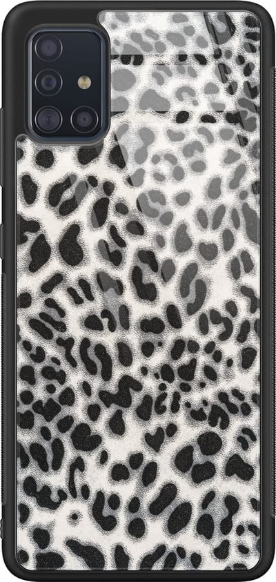 Hoesje geschikt voor Samsung Galaxy A51 - Luipaard grijs - Luxe Glazen Hardcase - Print / Illustratie - Grijs