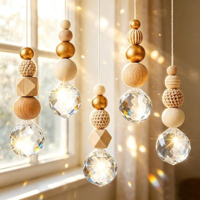 Kristallen zonnevanger, knutselset, 5-delige set Suncatchers met houten en kristallen bol, Scandinavische woonruimte, decoratieve hanger, doe-het-zelf, zonnevanger, knutselen, tuin, windgong