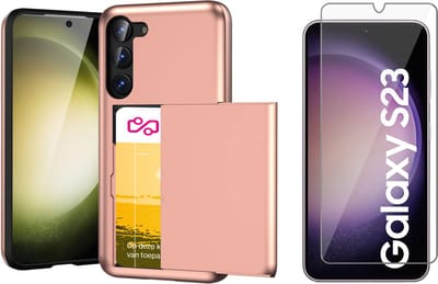 Hoesje met Pasjeshouder geschikt voor Samsung Galaxy S23 - Screen Protector GlassGuard - Back Cover SlideCase Roségoud & Screenprotector