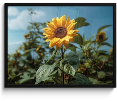Poster in lijst - Fotolijst 70x50 cm - Posters - Zonnebloemen - Helderblauwer lucht - Gras - Posterlijst zwart - Decoratie - Wanddecoratie woonkamer - Muurdecoratie slaapkamer
