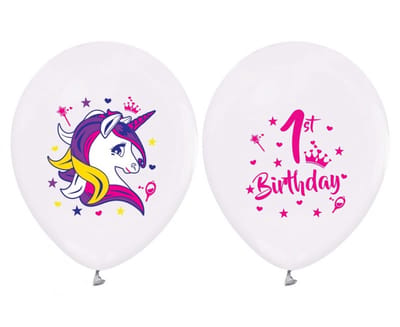 ballonnen "Eenhorn 1st Bithday"", Ø ± 30 cm, Set van 5 geschikt voor lucht of helium. Los verpakt. Unicorn one year