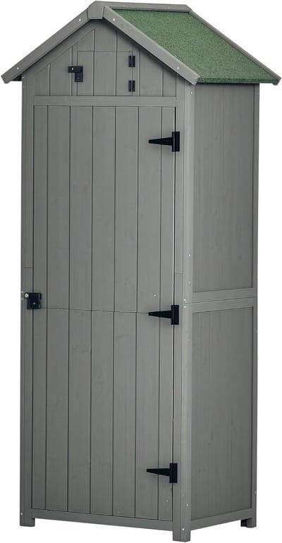 Tuinkast Hout - Opbergkast Tuin - Gereedschap Opbergen - Dubbel Bitumen Dak - 77 x 54 x 179 cm - Grijs