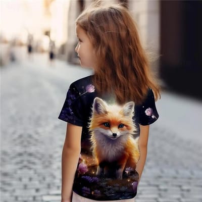 Meisjeskleding Print Dier Vos Cartoon Ronde Hals Korte Mouwen Grafische T-shirts Zomermode Outdoor T-shirt voor Meisjes 130 black