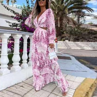 Lente Zomer Dames Lange Mouw Maxi Strandjurk Sexy Criss-cross Uitgesneden Boho Lange Jurk Diepe V-hals Ruche Feestjurk XXXL gray