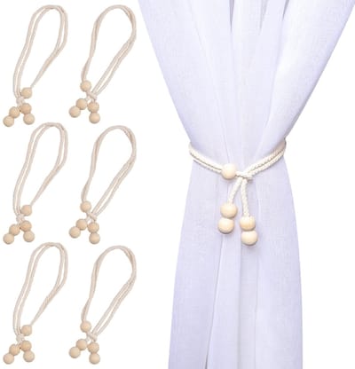 Dailygoods - 6 stuks Minimalistische Gordijnhouders met Houten Kralen - Beige Katoenen Touw