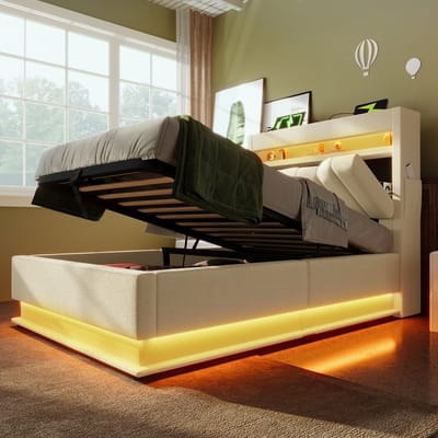 Wishdor – Eenpersoonsbed 90x200 cm – LED 60.000+ Kleuren & USB‑C Snellader – Hydraulische Opbergruimte – Linnen Beige