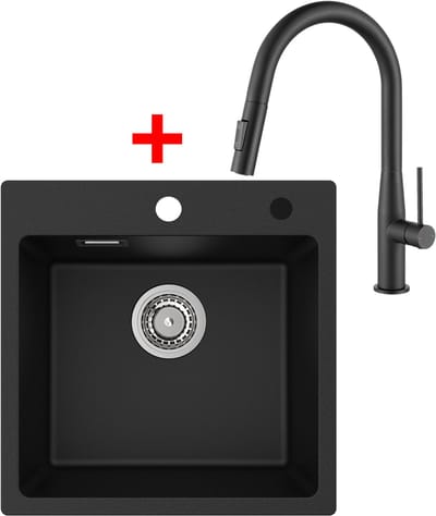 CECIPA Max Spoelbak Met Kraangat Antraciet - Granieten Spoelbak Keuken Met Keukenkraan met Uittrekbare Uitloop - 45x45cm Graniet Spoelbak Onderbouw Spoelbak - 80% kwartszand en 20% hars