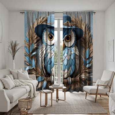 Ensemble 2 pièces HD Jardin vent paille hibou décoratif rideau Bleu attache rideau imprimé numérique Style décoration maison Décoration salon W52H63inchW132H160cm gray