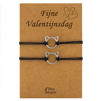 Koppel Armbandjes voor 2 "Fijne Valentijnsdag" - Schattig Katje - BFF Armbandjes met Cadeau Kaartje - Zwart & Zilverkleurig - Kat / Poesje Armband - Pax Amare