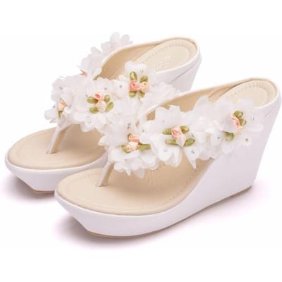 Dames Slippers Zomer Witte Kleur Kant Bloem Stijl Stranden Teenslippers Platform Sandalen Open Teen Casual Schoenen 41 wit