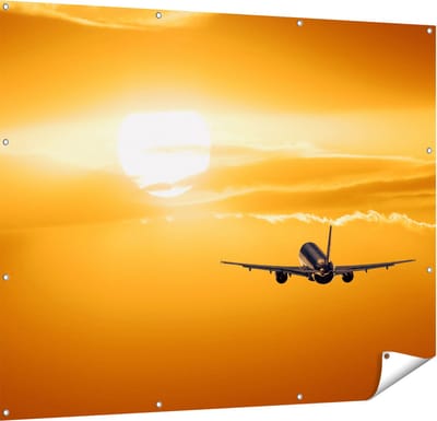 Gards Tuinposter Vliegtuig bij Zonsondergang - 150x120 cm - Tuindoek - Tuindecoratie - Wanddecoratie buiten - Tuinschilderij