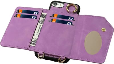 CaseMania Backcase hoesje geschikt voor Apple iPhone SE (2022)/SE (2020)/8/7 - Effen Paars - Kunstleer - 2in1 Hoesje met Koord - Afneembare Wallet - Spiegeltje - MagSafe Compatible