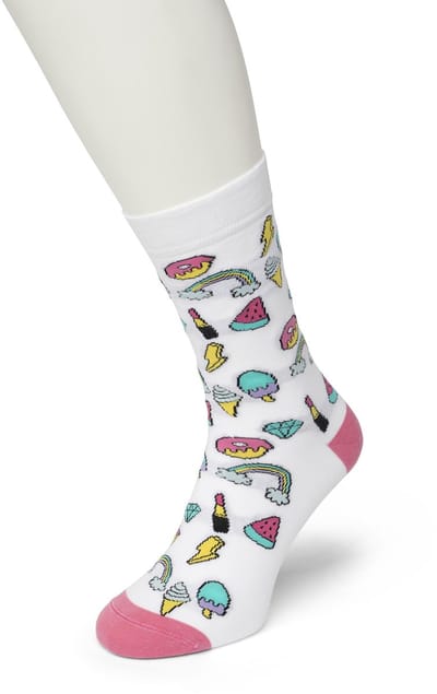Bonnie Doon Dames Sokken met Zoetigheden Print maat 36/42 Wit - Thema Sokken - Zoet en Kleurrijk - Cadeau Sokken - Word je Happy en vrolijk van - Zacht Katoen met Gladde Teennaad - Comfortabel - Perfect Cadeau - Bright White - BT991108.160