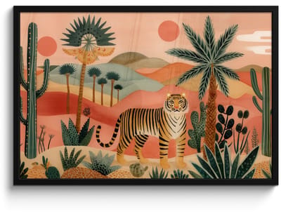 Poster in lijst - Fotolijst 90x60 cm - Posters - Tijger - Palmen - Cactus - Oranje - Posterlijst zwart - Decoratie - Wanddecoratie woonkamer - Muurdecoratie slaapkamer